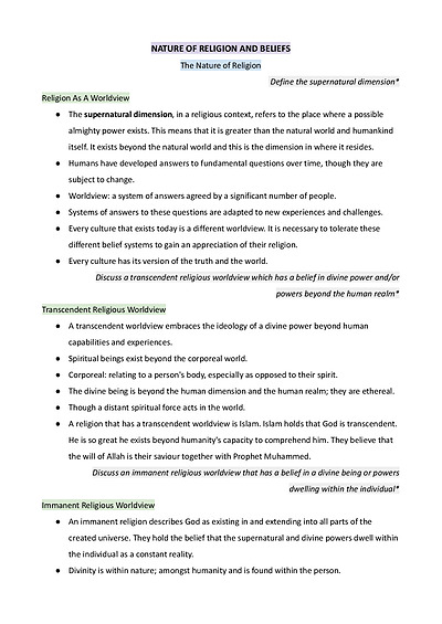 Cover page of Complete Syllabus Dot Points on 'The Nature of Religion and Belief'