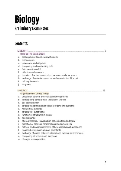 Cover page of Preliminary Biology Notes 