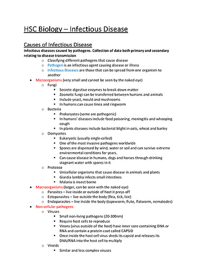 Cover page of HSC Biology - Infectious Disease Notes