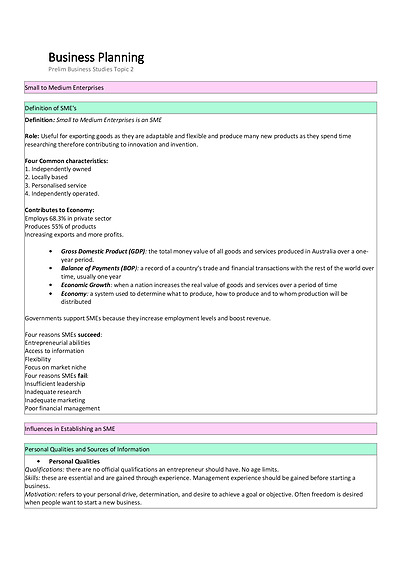 Cover page of Business Planning - PRELIM Business Studies Notes: Topic 2