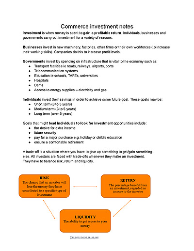 Cover page of Commerce Investment Notes Year 9