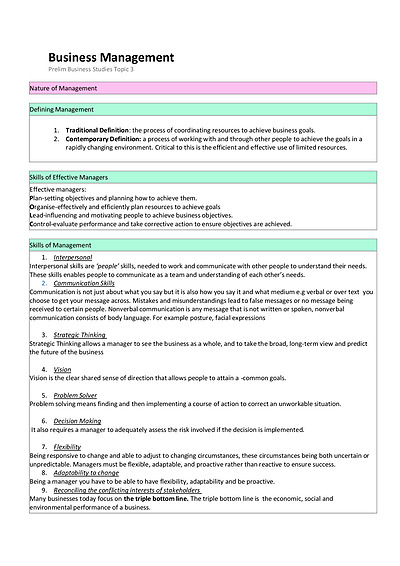 Cover page of Business Management - PRELIM Business Studies Notes: Topic 3