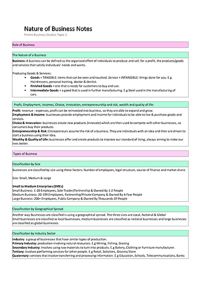 Cover page of ENTIRE Business Studies Course - Prelim Study Notes
