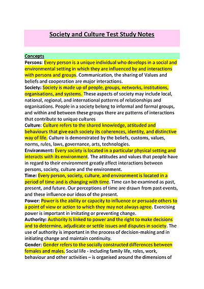 Cover page of Band 5 Society and Culture Study Notes