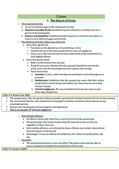 Cover page of Band 5 Legal study Notes - Crime