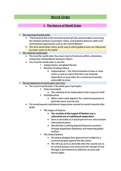 Cover page of Band 5 Legal Study Notes - World Order