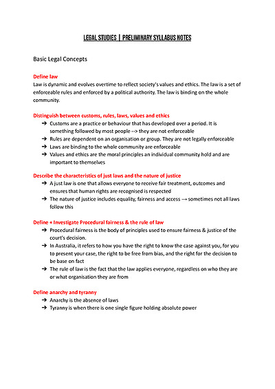 Cover page of Year 11 Legal Studies Notes