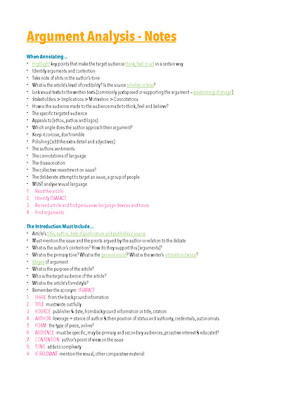 Cover page of VCE English - Argument Analysis Notes & Tips - 40+ study score