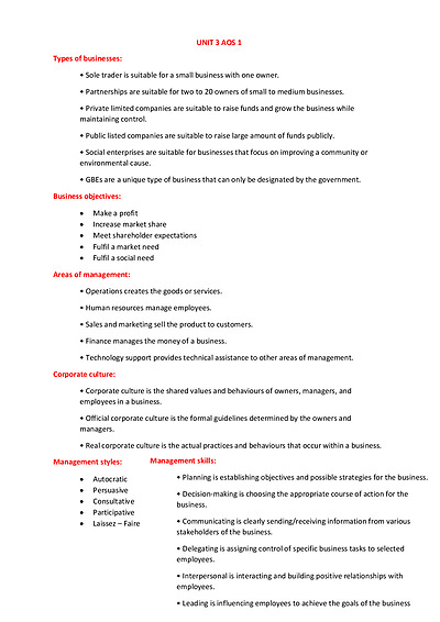 Cover page of VCE Business Management Units 3/4 Exam Revision Content Overview