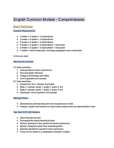 Cover page of Common Module Comprehension Readings Notes