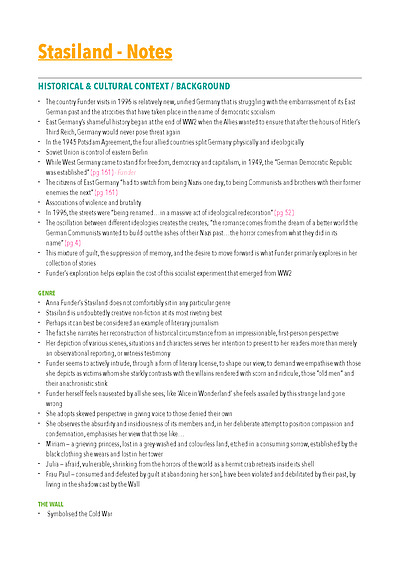 Cover page of VCE English - Stasiland Text Response - 40+ study score