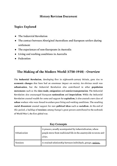 Cover page of Year 10 History Notes - Australian Federation and Industrial Revolution