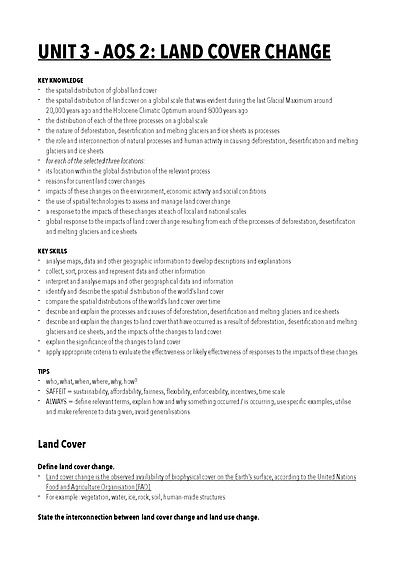 Cover page of VCE Geography - Unit 3 Land Cover Change - 40+ study score
