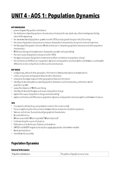 Cover page of VCE Geography - Unit 4 Population Dynamics - 40+ study score