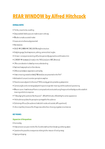 Cover page of VCE English - Rear Window Text Response - 40+ study score