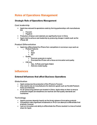 Cover page of Apple Case Study Notes - OPERATIONS