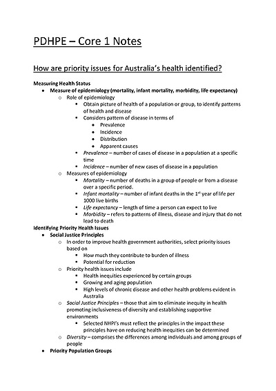 Cover page of BAND 6. PDHPE - Core 1 Notes