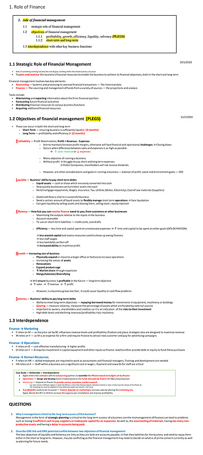Cover page of HSC Business Studies Finance Notes