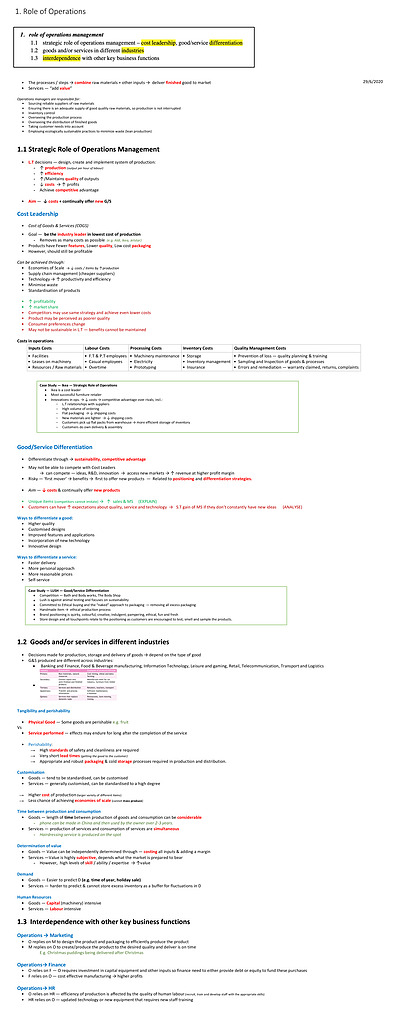 Cover page of HSC Business Studies Operations Notes