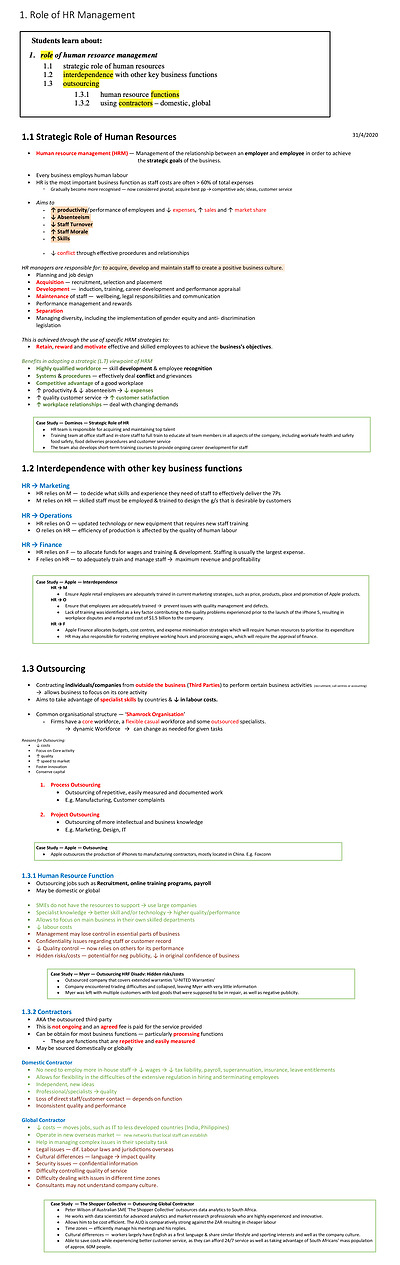 Cover page of HSC Business Studies Human Resources Notes