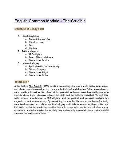 Cover page of Common module Crucible essay and quotes