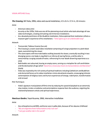 Cover page of Visual Arts Essay Plan Band 6