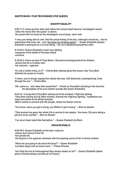 Cover page of "THE QUEEN" FILM TECHNIQUES + QUOTE BANK (VCE ENGLISH 3/4)