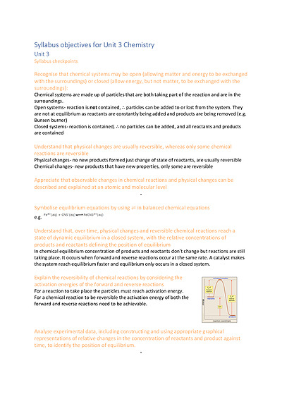 Cover page of Syllabus objectives for Unit 3 Topic 1 Chemistry
