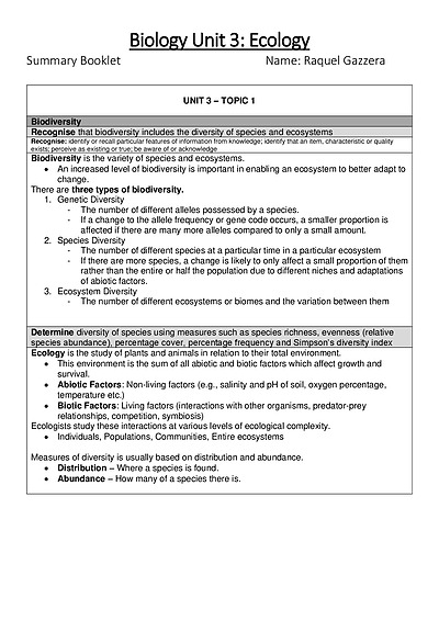 Cover page of Biology Unit 3 and 4 Notes (QCE) DIRECT FROM SYLLABUS