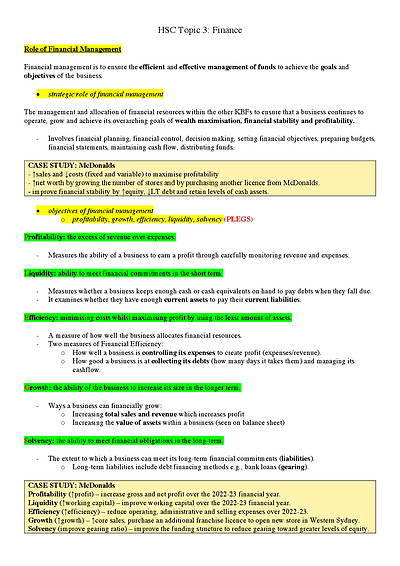 Cover page of Business Studies: HSC Topic 3 - Finance
