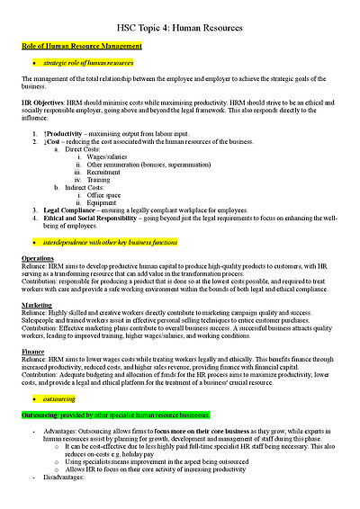 Cover page of Business Studies: HSC Topic 4 - Human Resources