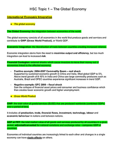 Cover page of Economics: HSC Topic 1 - The Global Economy