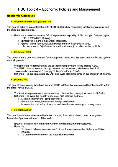 Cover page of Economics: HSC Topic 4 - Economic Policies and Management