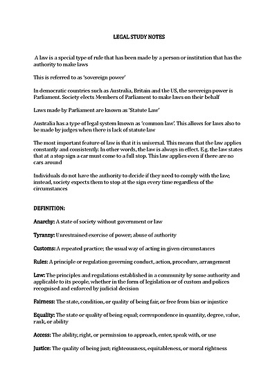 Cover page of Year 12 Legal Studies Full Course Notes 