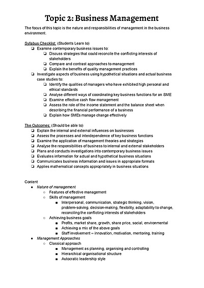 Cover page of Topic 2: Business Management - Comprehensive Notes