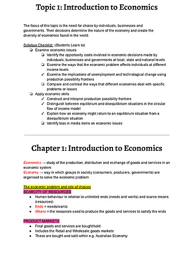 Cover page of Topic 1: Introduction to Economics - Comprehensive Notes