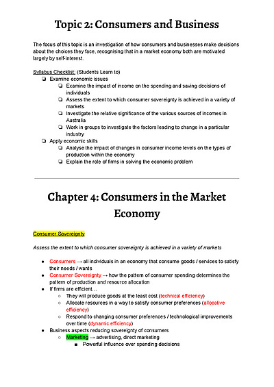 Cover page of Topic 2 - Consumers and Business - Comprehensive Notes