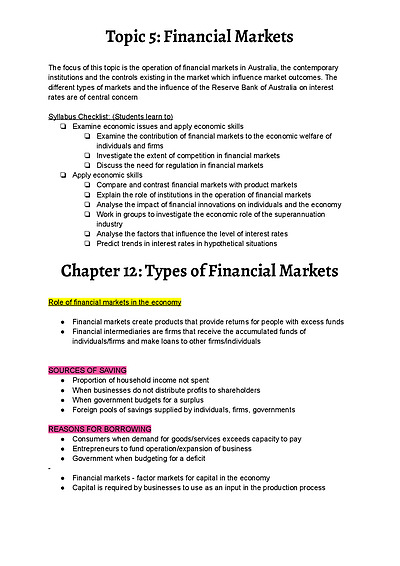 Cover page of Topic 5 - Financial Markets - Comprehensive Band 6 Notes