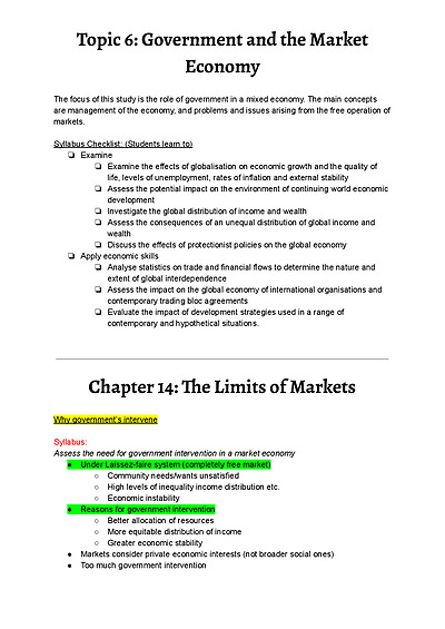 Cover page of Topic 6 - Government and the Market Economy - Comprehensive Band 6 Notes