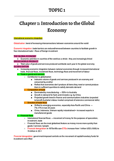 Cover page of Topic 1: The Global Economy - Comprehensive Band 6 Notes