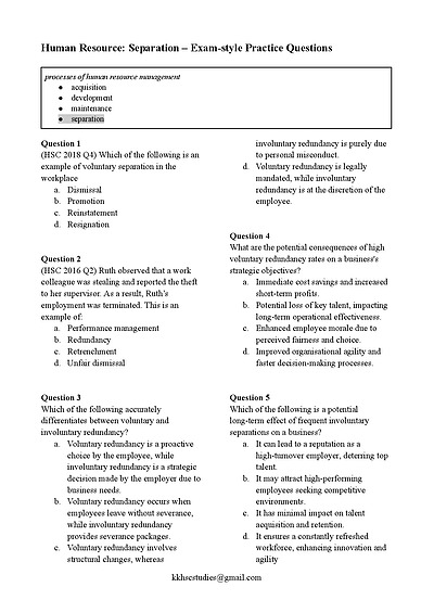 Cover page of Human Resource: Separation – Exam-style Practice Questions