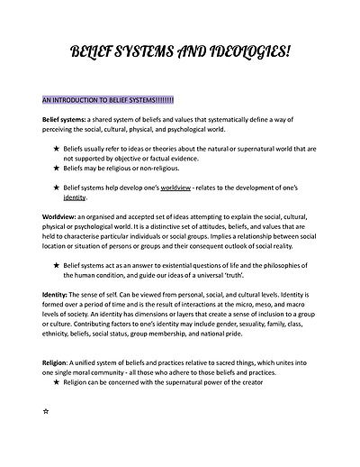 Cover page of BELIEF SYSTEMS AND IDEOLOGIES COMPLETE NOTES