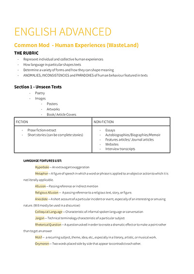 Cover page of Year 12 HSC English Advanced Notes