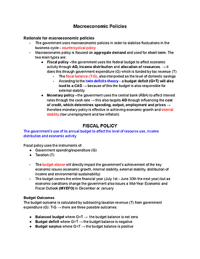 Cover page of HSC Macroeconomic Policy (Fiscal and Monetary) Summary Notes