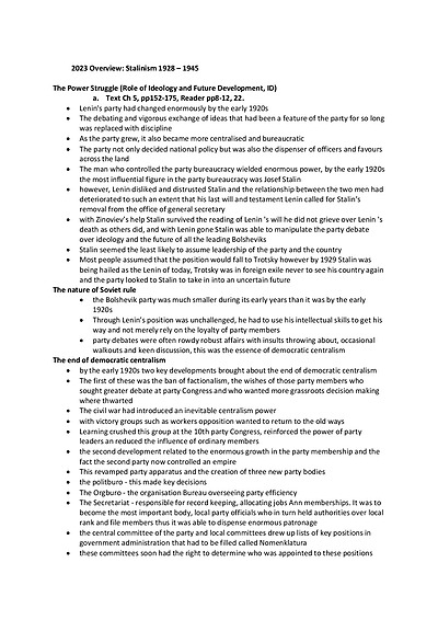Cover page of Year 12 unit 3, Modern history notes | Stalinism 