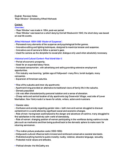 Cover page of Analytical 'Rear Window' notes 46 ss, 97.7 ATAR