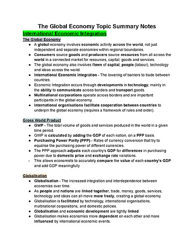 Cover page of Year 12 Economics Summarised The Global Economy Notes