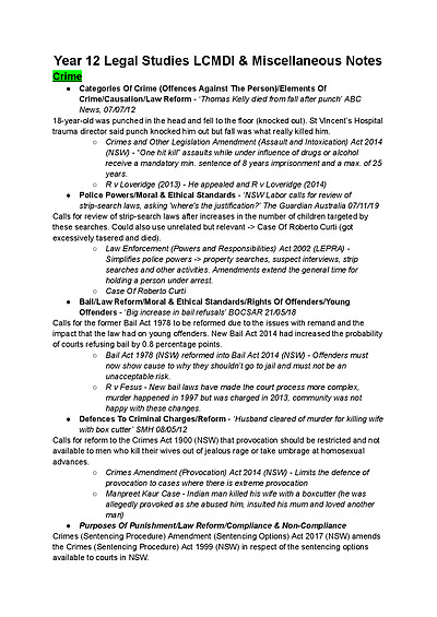 Cover page of Year 12 Legal Studies Crime/Family/Consumers LCMDI & Miscellaneous Notes