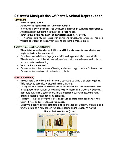 Cover page of Year 12 Biology - Brief Notes On The Scientific Manipulation Of Plant/Animal Reproduction