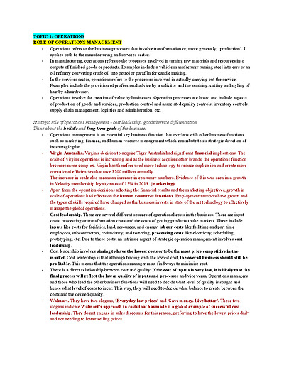 Cover page of Business Studies - Operations notes - Band 6